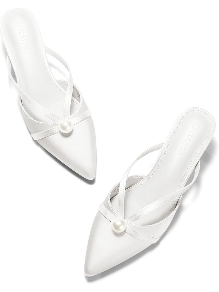 Women's White Mules Closed Pointed Toe Sandal Satin Pearl Kitten Heels